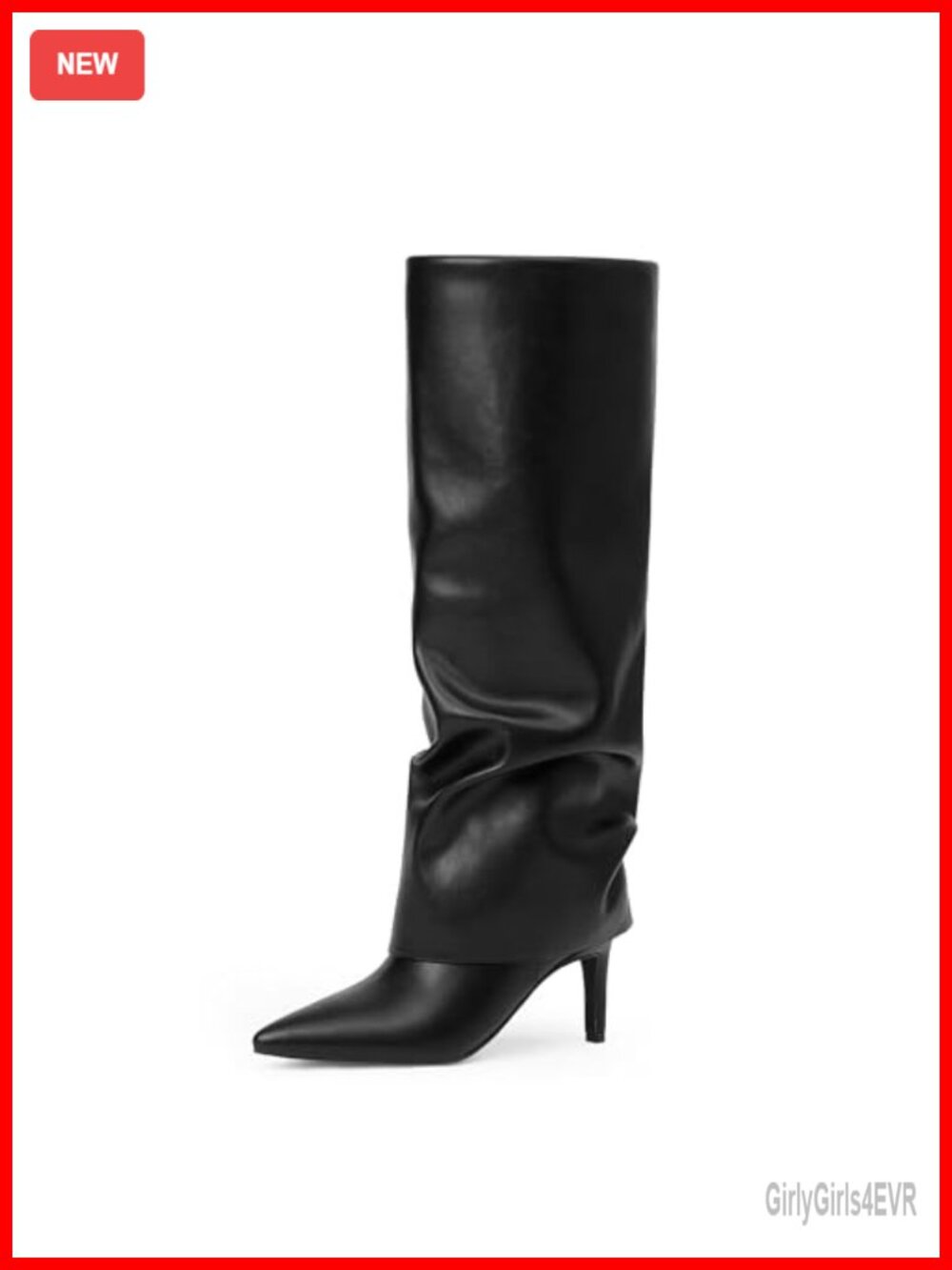 Fold Over Knee High Boots Women Faux Leather Stiletto Heel Wide Calf Tall